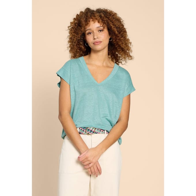 White Stuff Ivy Linen V Neck Tee Mid Teal Größe: 12 | Hemden Outlet | Damen | Weiß