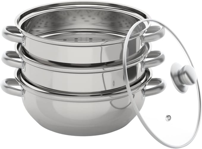 Stoompan Set RVS 28 cm – Stapelbaar – Geschikt voor Alle Warmtebronnen Incl. 3 Delen