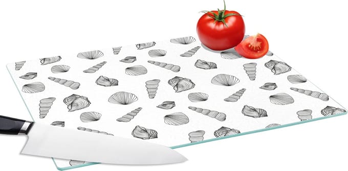 Glazen Snijplank - 39x28 - Schelp - Zwart Wit - Design - Snijplanken Glas
