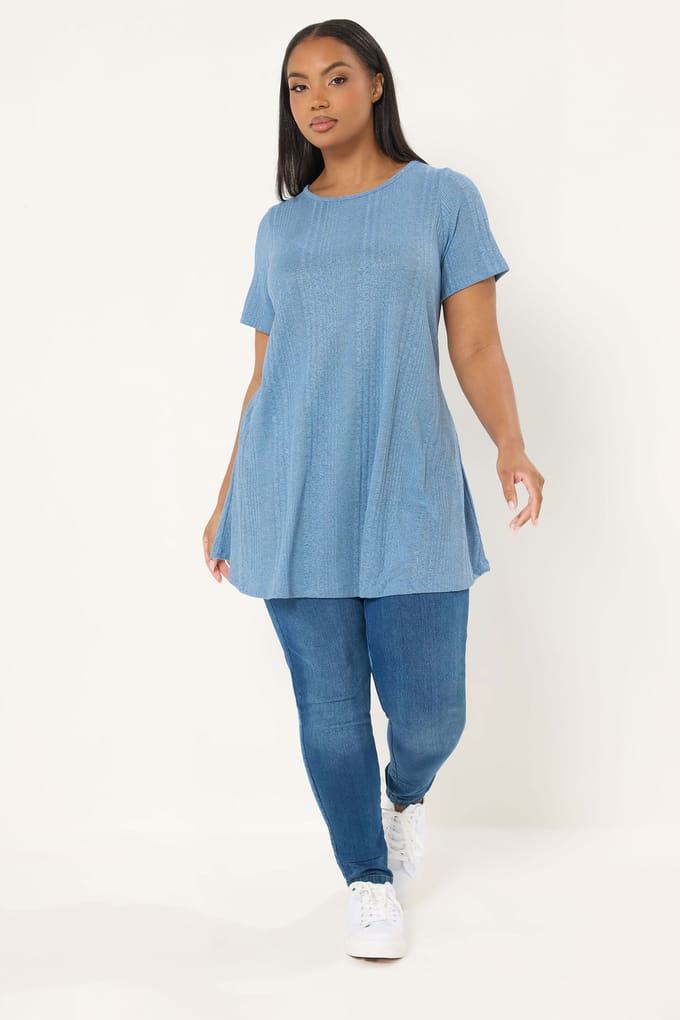 Yours Blauw Soft Touch Geribbelde Swing Tshirt Size 48