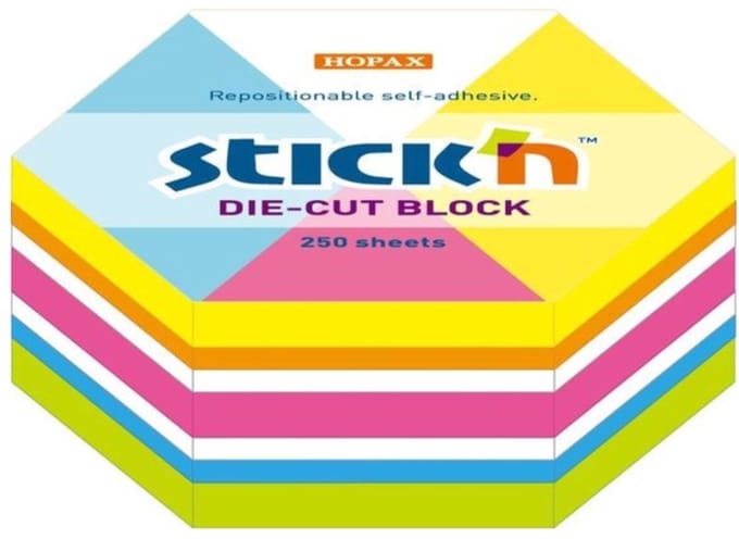 Stick'n Kubus memoblok - hexagon, 6 hoekig - 61x70mm, verschillende kleuren, 250 sticky notes