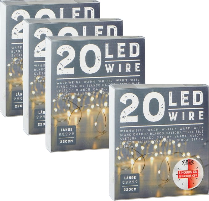 Draadverlichting lichtsnoer - 4x - 220 cm - 20 leds - warm wit - batterij - timer - kerstverlichting