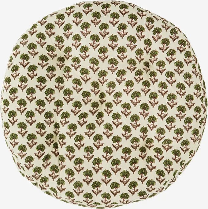Madam Stoltz - Rond zitkussen - Gebroken wit met groene bloemetjes - 45cm