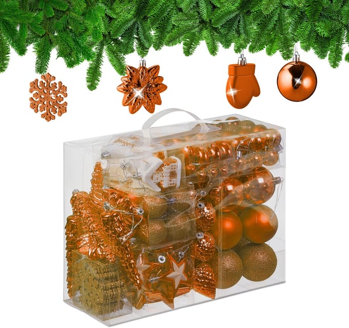 Kerstballen set van 100 - plastic - mat - glanzend - glitters - 10 designs - oranje