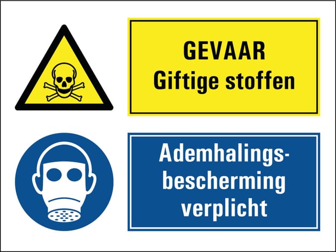 Gevaar giftige stoffen, ademhalingsbescherming verplicht sticker 200 x 150 mm