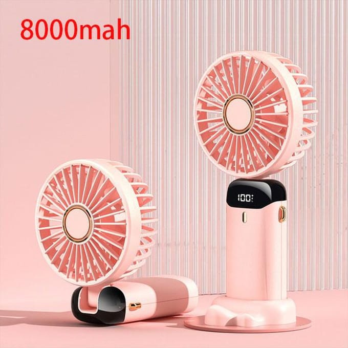 Draagbare ventilator van 5000/8000 mAh met slim LED-digitaal display, 5 snelheden instelbaar, USB-oplaadbaar, mini-handheld-nekventilator 8000mah roze