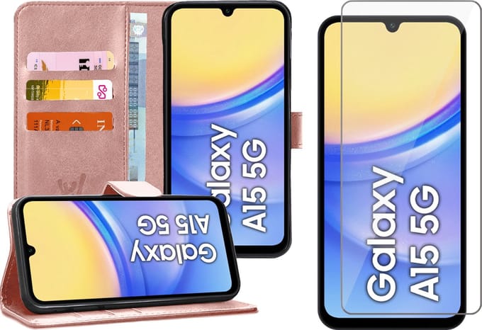 Hoesje geschikt voor Samsung Galaxy A15 - Screenprotector Glas - Portemonnee Book Case Rosegoud