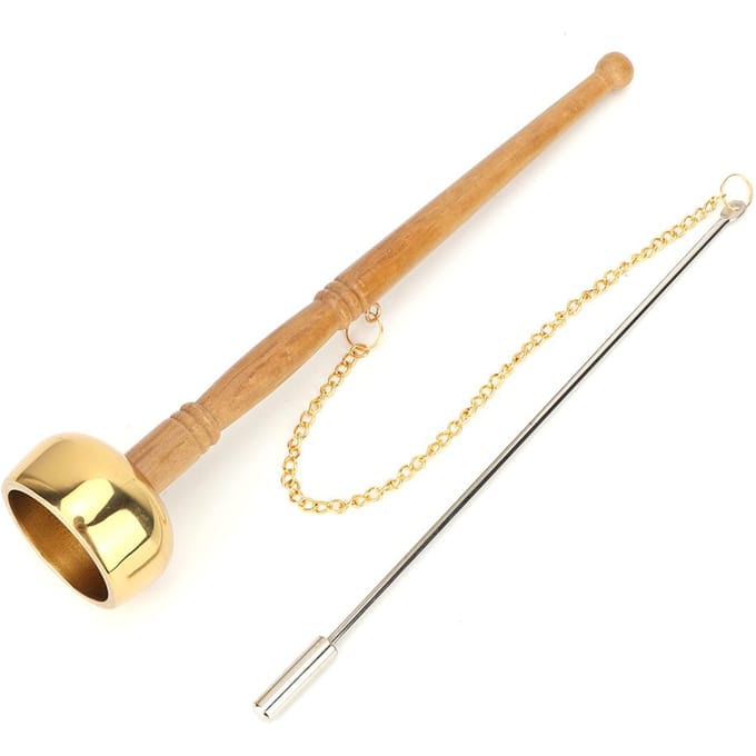 Boeddhisme Houten Handvat Messing Handbel Zingend Schrift Implement Boeddhistische Benodigdheden beige