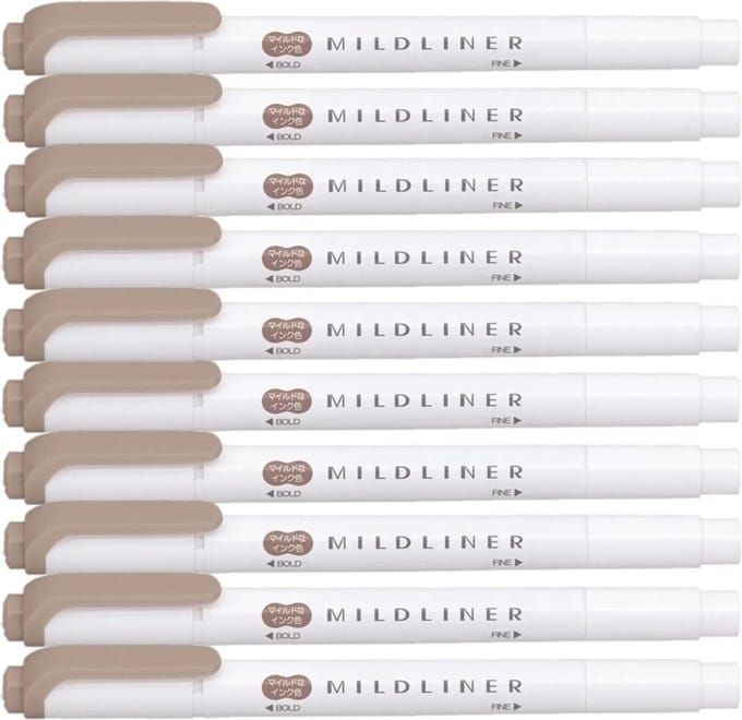 Zebra Mildliner Double-Sided Highlighter - Fine / Bold – Mild Brown Set van 10 + een Luxe Zipperbag - WKT7-MAP