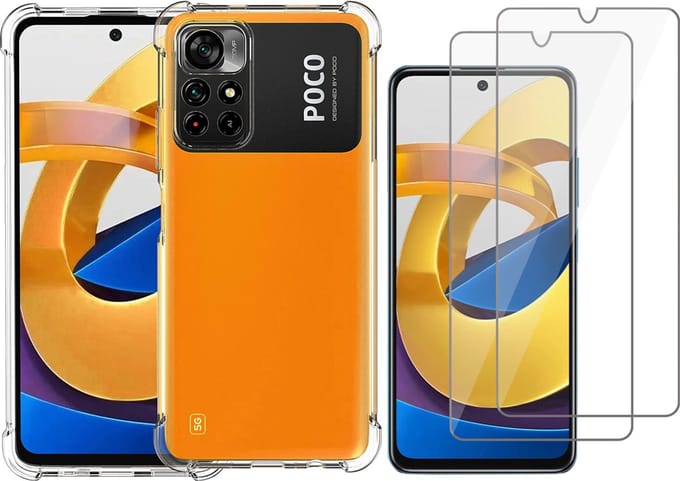 Hoesje geschikt voor Xiaomi Poco M4 Pro - Transparant Backcover Shockproof Case + 2x Glas Screen Protector