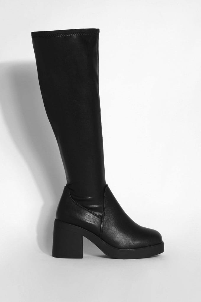 boohoo Dames Wijde pasvorm stretch blockhakken kuit hoge laarzen | Black | Maat: 3