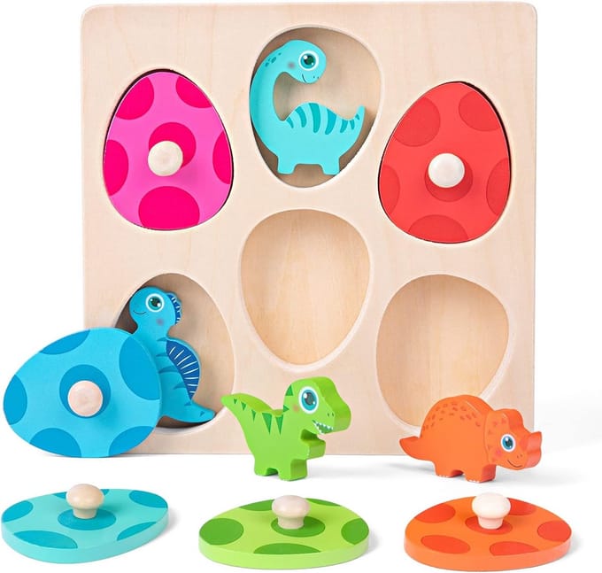 Montessori Houten Puzzel voor Peuters - Dino-Eieren Grijppuzzel