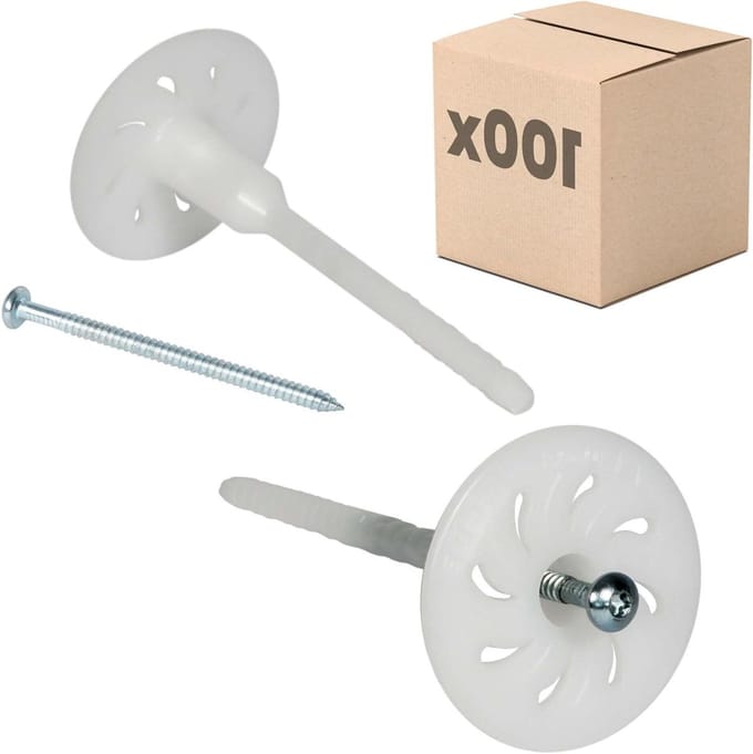 Isolatiepluggen - Schroefpluggen - Gevelisolatie Bevestigen - Voorgemonteerde Schroef - Ø8x120mm 100 Stuks - Wit