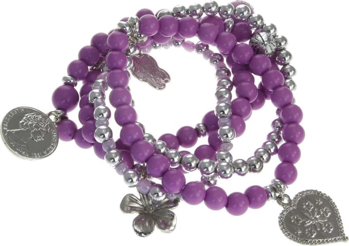 Behave - Kralenarmband paars met bedels elastisch - speelse look