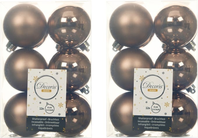 Decoris kerstballen - 24x st - walnoot bruin - D6 cm - kunststof - mat/glans - kerstversiering