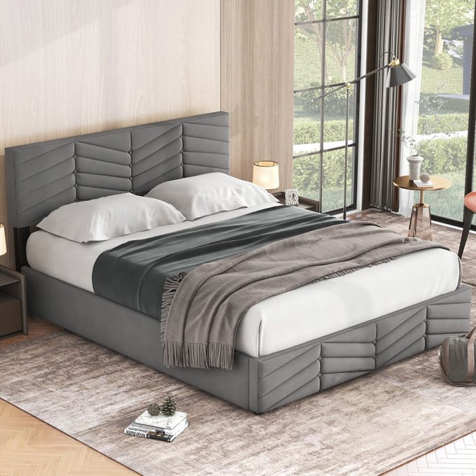 Gutent-Gestoffeerd bed 1 40 x 200 cm-tweepersoonsbed-hydraulisch functioneel bed-fluweel-gestreepte stijl-grijs