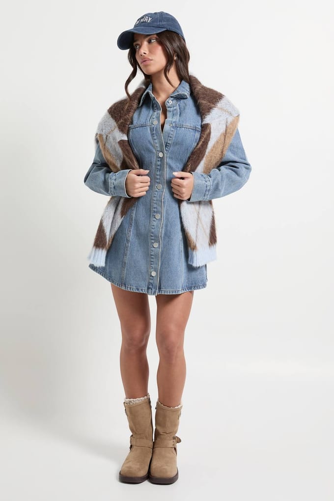 boohoo Dames Petite lange mouwen denimjurk met getailleerde taille | Mid Blue | Maat: 10