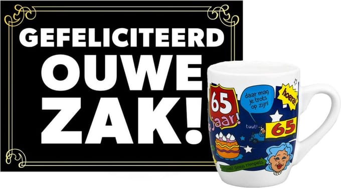 Grappige verjaardagsmok/beker 65 jaar man met grappige tekst 300 ml + wenskaart Gefeliciteerd ouwe zak