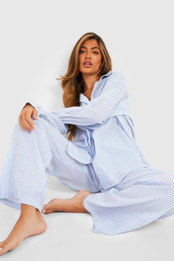boohoo Dames Cotton Pinstripe Pyjama Broek | Blue | Maat: 8