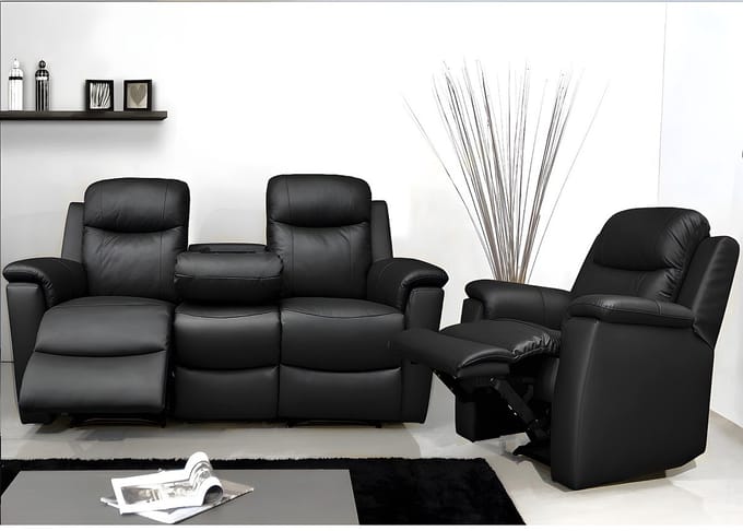 Vente-unique Driezits relaxbank en relaxfauteuil EVASION van leer - zwart
