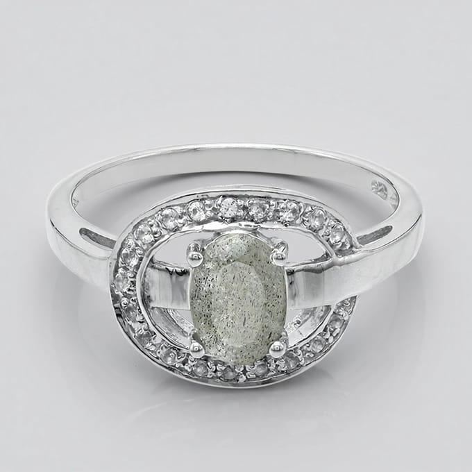 Cavill - Zilveren damesring 925 Sterling Zilver - 0,59 ct Ovale Labradoriet uit Madagaskar & 0,101 ct Witte Topaas - Elegante ring maat 17