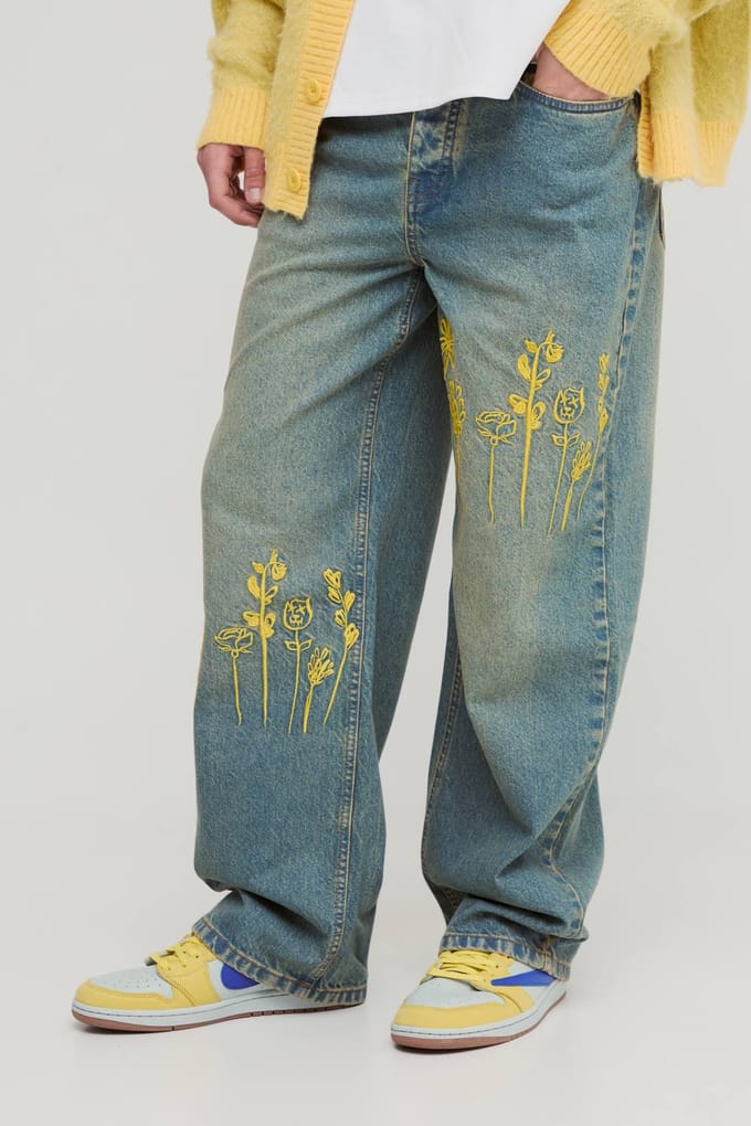 Relaxte Rigid Borduurde Gewassen Denim Jeans | Green | Size 32R