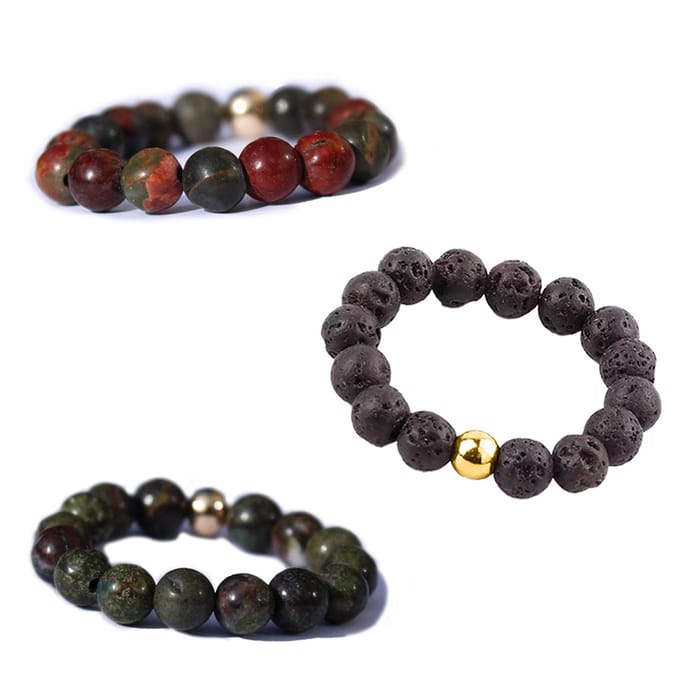 Bixorp Gems Edelstenen Ringen Set Rode Picasso Jaspis + Lavasteen + Unakiet - Kralenring