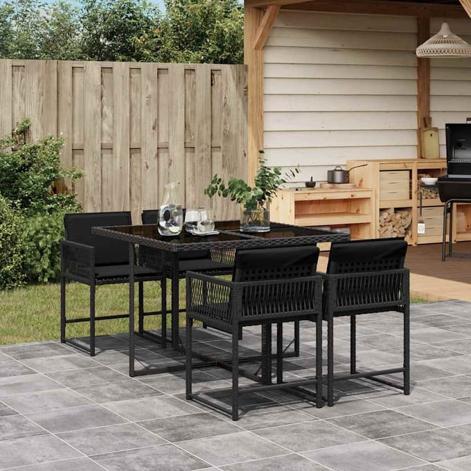 vidaXL - 5-delige - Tuinset - met - kussens - poly - rattan - zwart