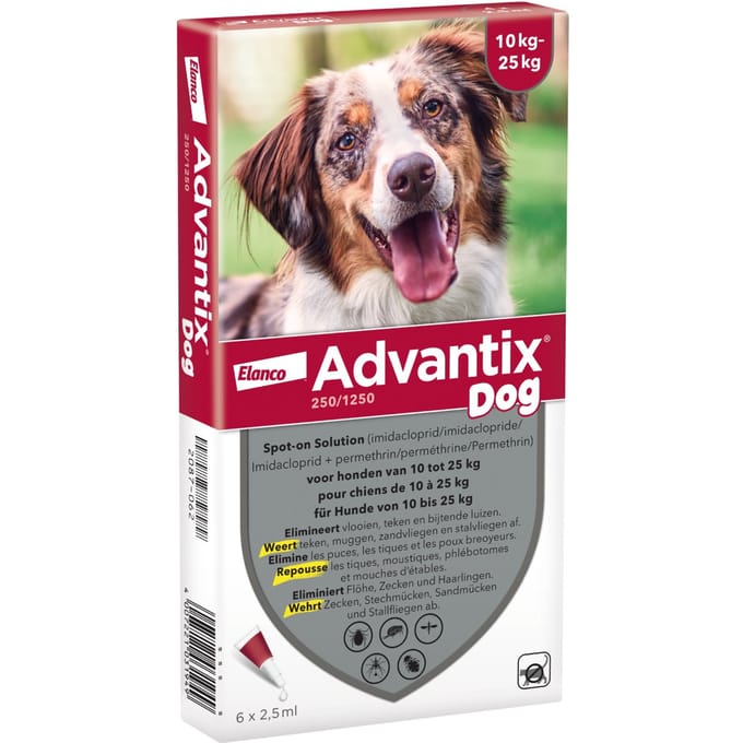 Advantix® 250/1250 Spot-On Solution voor Honden 10 - 25 kg - Dubbelpak: 2 x 6 Pipetten - BE