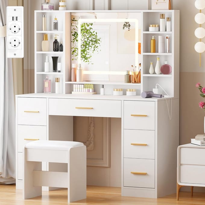 Grote Make-up Kaptafel met Verstelbare LED Verlichting en Moderne Spiegel 7 Laden en 4 Open Planken