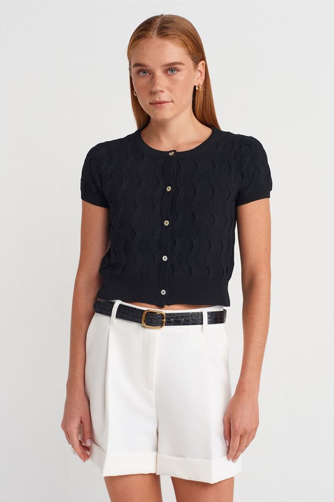 Dames Cropped Jacquard Knopen Cardigan