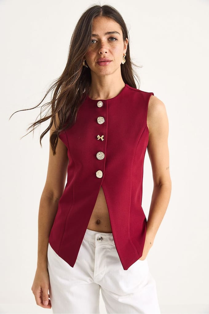 Aansluitende Mouwloze Knopen-Voorkant Gilet met Ronde Hals