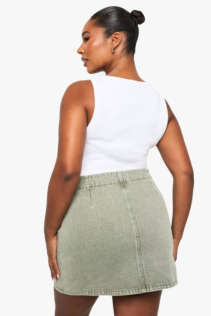 boohoo Dames Plus Khaki Gewassen Denimrok | Kaki | Maat: 52