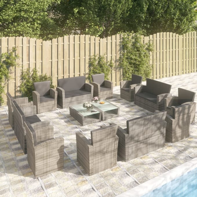 vidaXL - 16-delige - Loungeset - met - kussens - poly - rattan - grijs