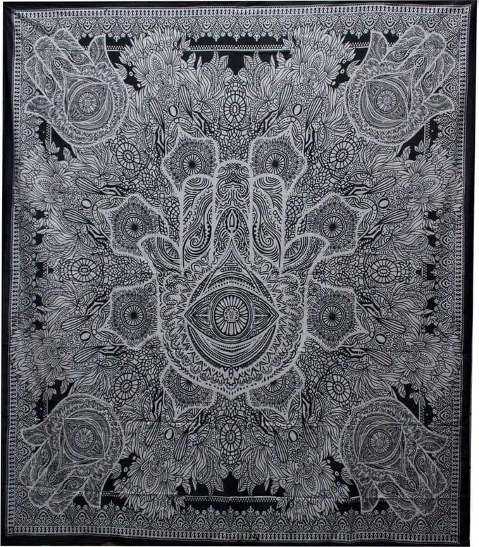 Zwart-wit katoenen sprei + wandkleed - Hamsa