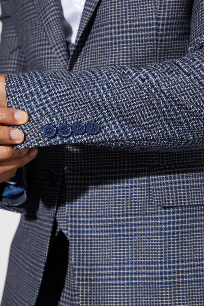 Skinny Fit Single Breasted Checked Blazer | Navy | Size 36