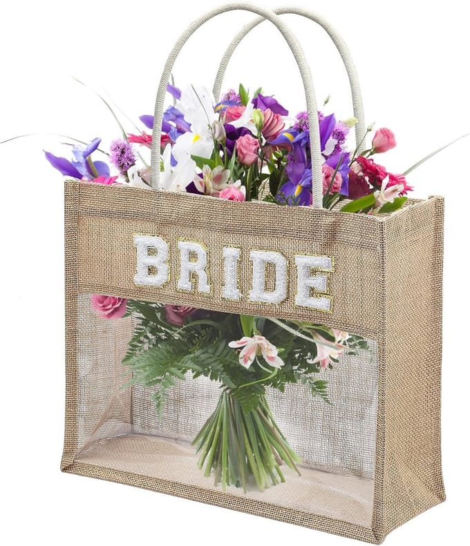 Bruidstas van natuurlijke jute met transparant design - 37 x 30 x 13 cm