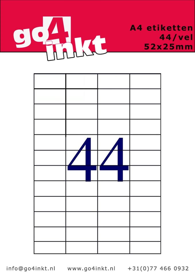 Go4inkt A4 Etiketten 44/vel 48,5mm x 25,4mm (100 vel) stickervellen wit