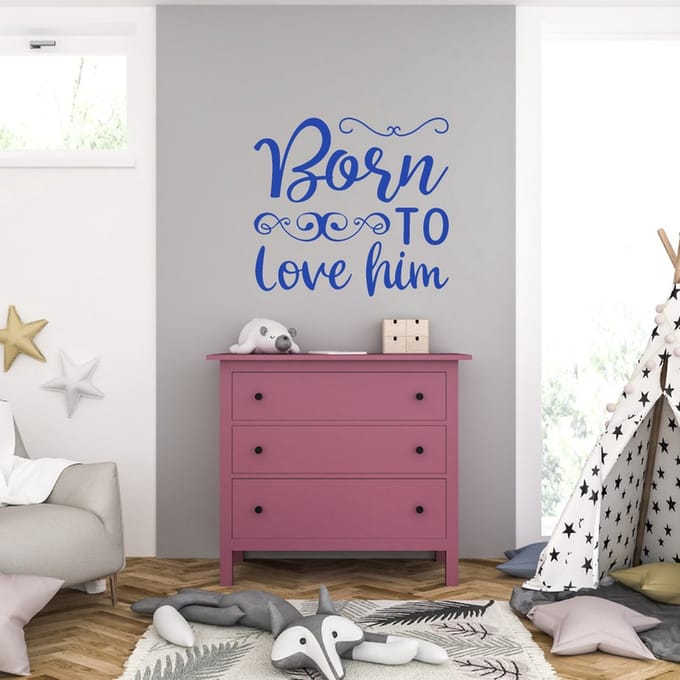 Muursticker - Born To Love Him - 46,4 x 50,4 - Blauw