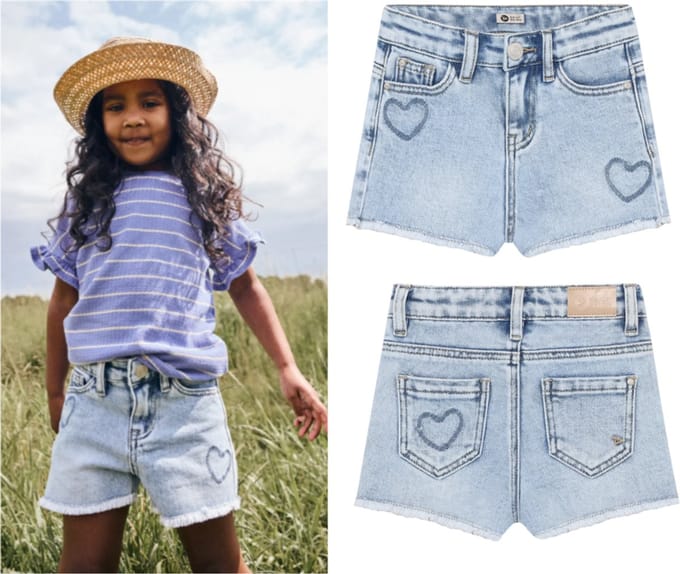 Daily7 - Jeansshort meisjes- Blue denim - Hearts - 140