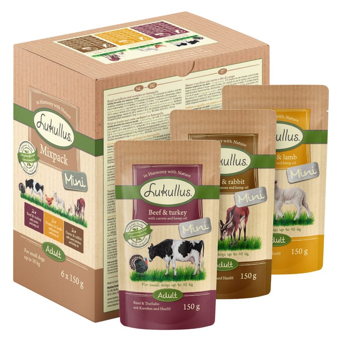 6x150g Mini Mix (3 Smaken) Adult Lukullus Hondenvoer Vershoudzakjes