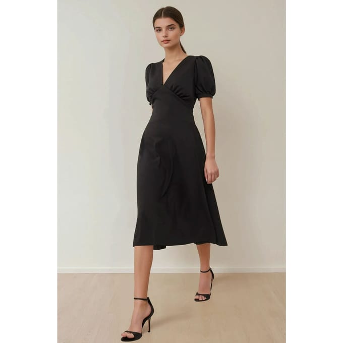 V-hals Puff Mouw A-Lijn Crepe Midi Jurk