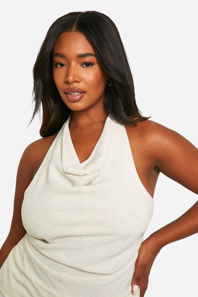 boohoo Dames Plusmaat Linnenlook Tie Halterneck Top | Steen | Maat: 54