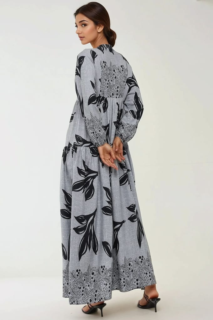 Geprinte Lange Mouwen Viscose Maxi Jurk