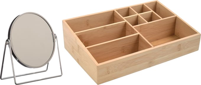 MSV Make-up organizer 9 vaks en luxe spiegel set - 33 x 21 cm - bamboe/metaal - bruin/zilver