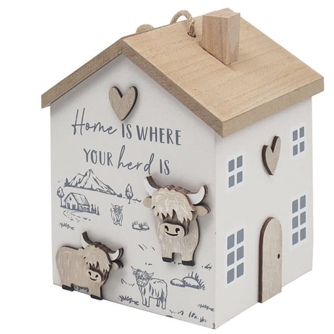 Home & Deco Deurstopper - Deurstop houten huisje Schotse Hooglanders – 14x14x19 cm