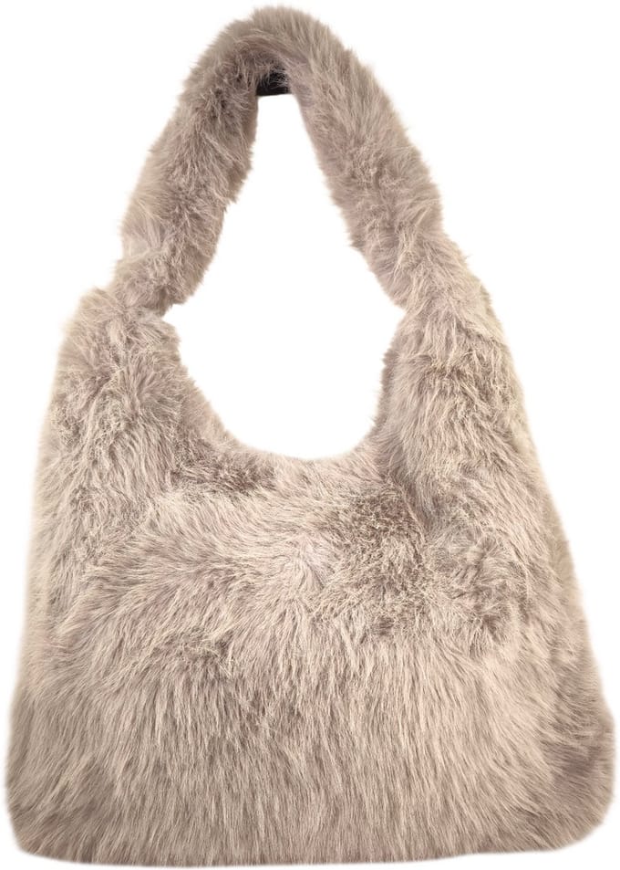 Qischa - schoudertas - hobo tas - fluffy - lange draagriem - taupe