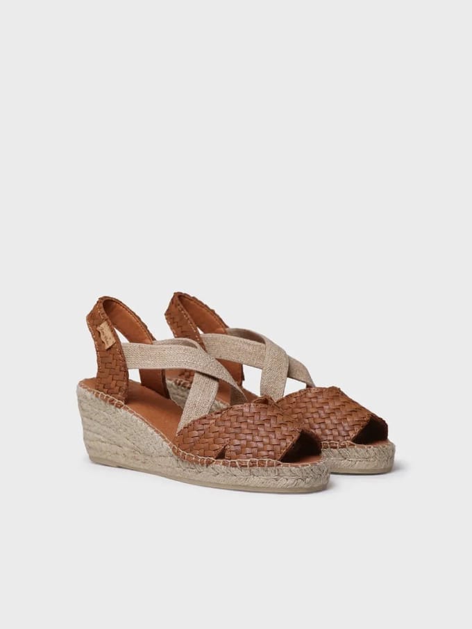 Open espadrille voor dames van gevlochten leer met sleehak | SALINA