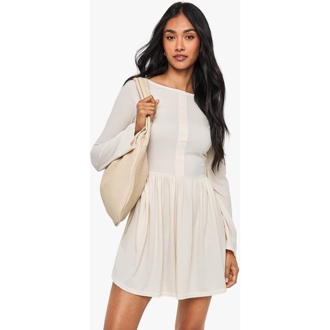 boohoo Dames Rib Drop Hem Button Down Mini Jurk | Cream | Maat: 12