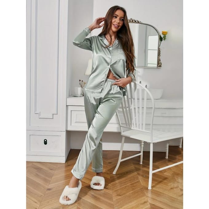 Pyjamaset Lange Mouw Knoopsluiting Revers Top & Broek Set Dames Nachtkleding & Loungewear M wit